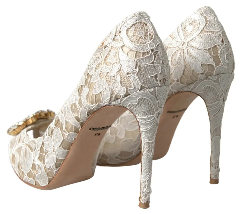 Dolce & Gabbana White Taormina Lace Crystal Heels Pumps Shoes