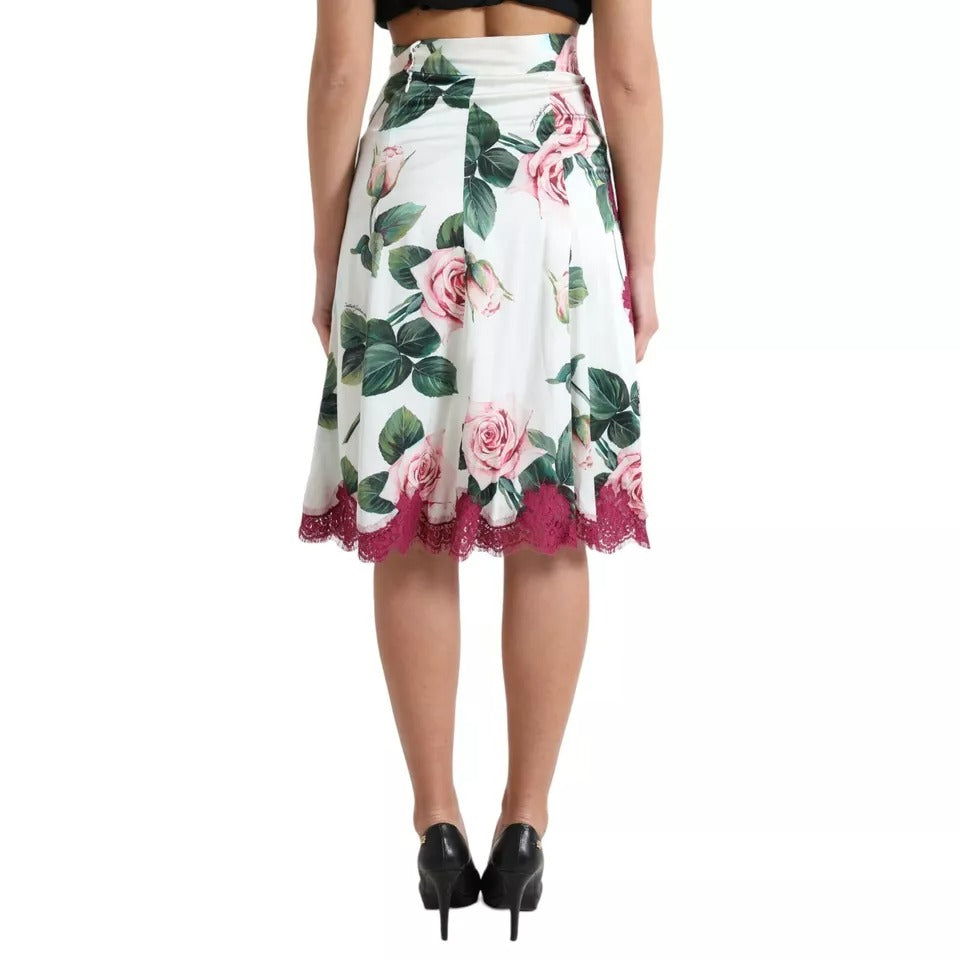 Falda midi de talle alto con estampado de rosas blancas de Dolce &amp; Gabbana