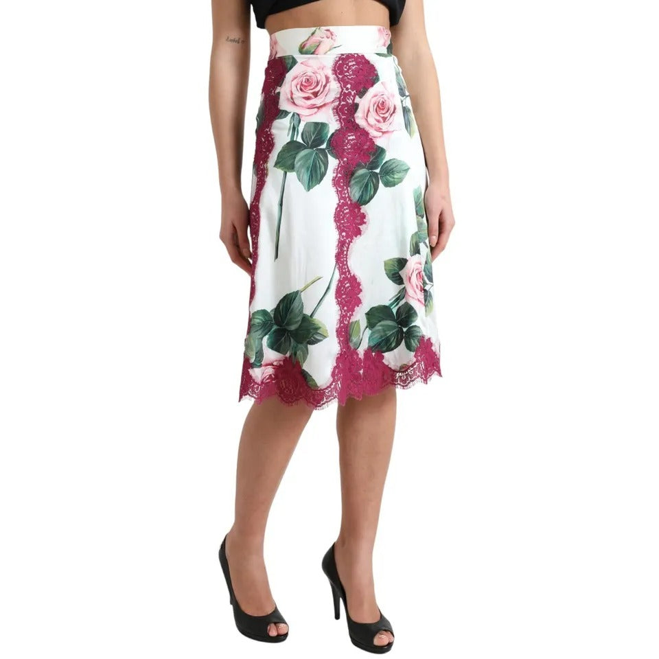 Falda midi de talle alto con estampado de rosas blancas de Dolce &amp; Gabbana