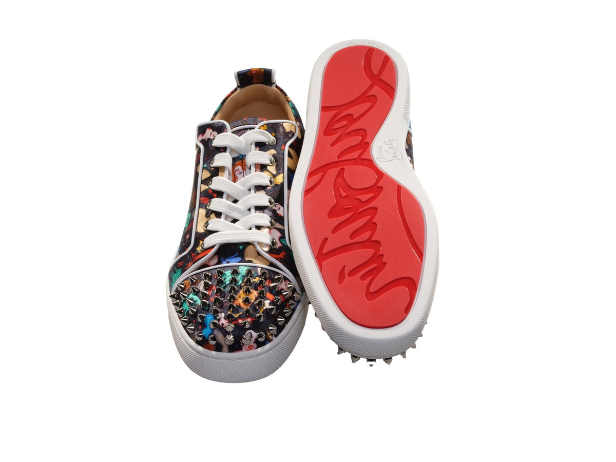 Christian Louboutin Louis Junior Spikes Orlato Crepe Satin Multicolor Edición limitada Dr Bored Print Sneakers