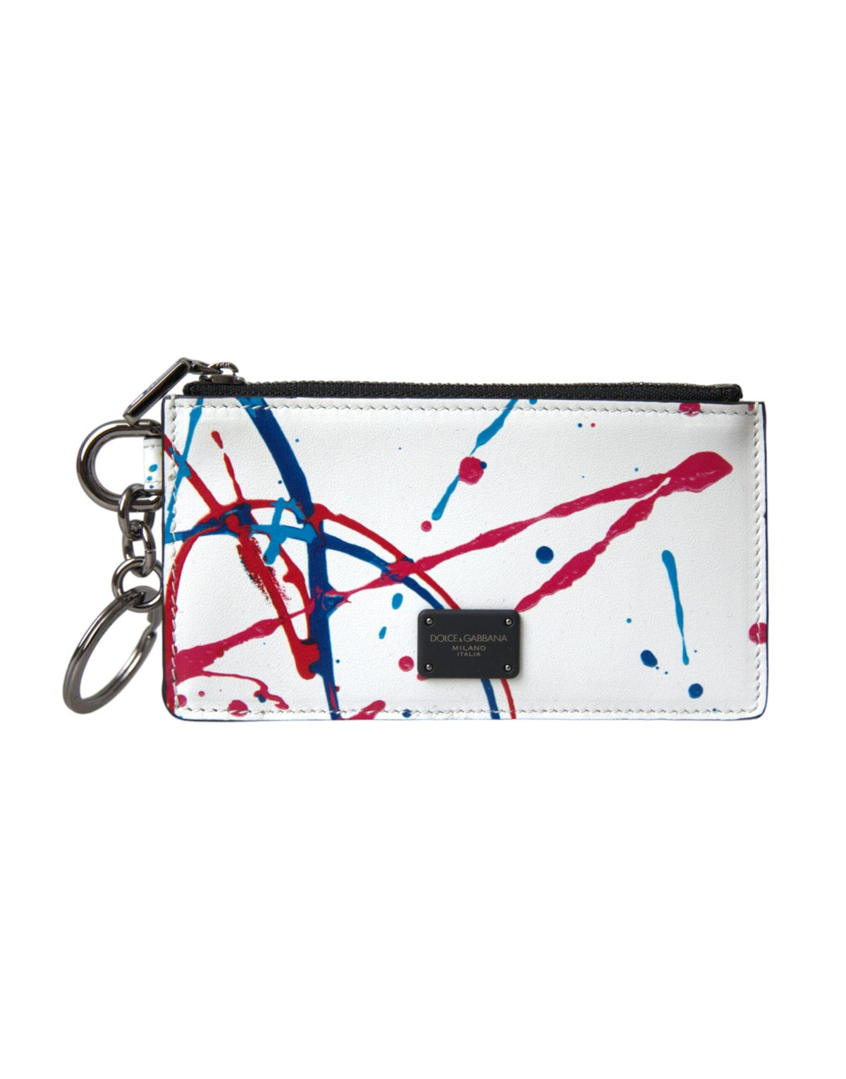 Porte-monnaie porte-cartes avec porte-clés et logo zippé en cuir blanc Dolce &amp; Gabbana