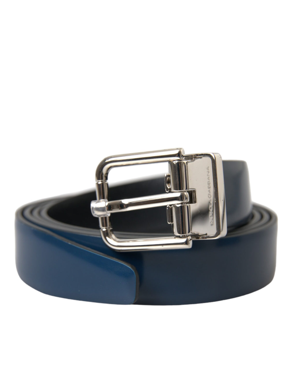 Ceinture Dolce &amp; Gabbana en cuir de veau bleu avec boucle en métal argenté pour homme