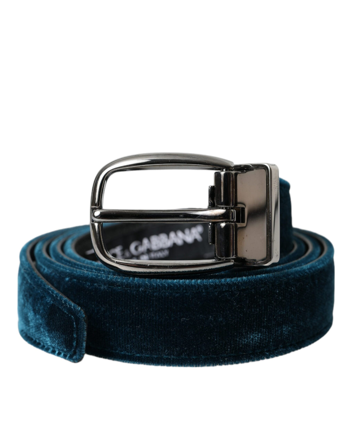 Ceinture Dolce &amp; Gabbana en cuir velours bleu avec boucle en métal argenté