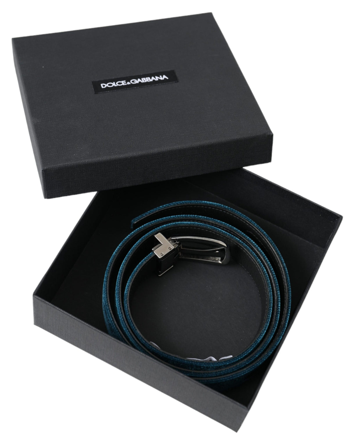 Ceinture Dolce &amp; Gabbana en cuir velours bleu avec boucle en métal argenté