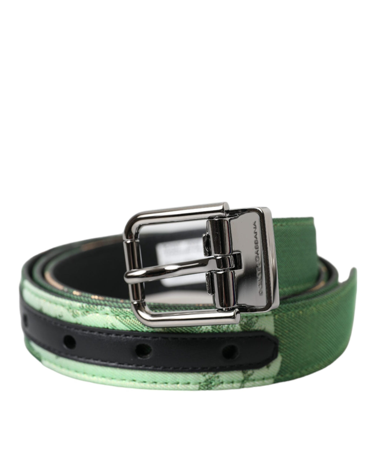 Ceinture en cuir jacquard vert Dolce &amp; Gabbana avec boucle en métal argenté