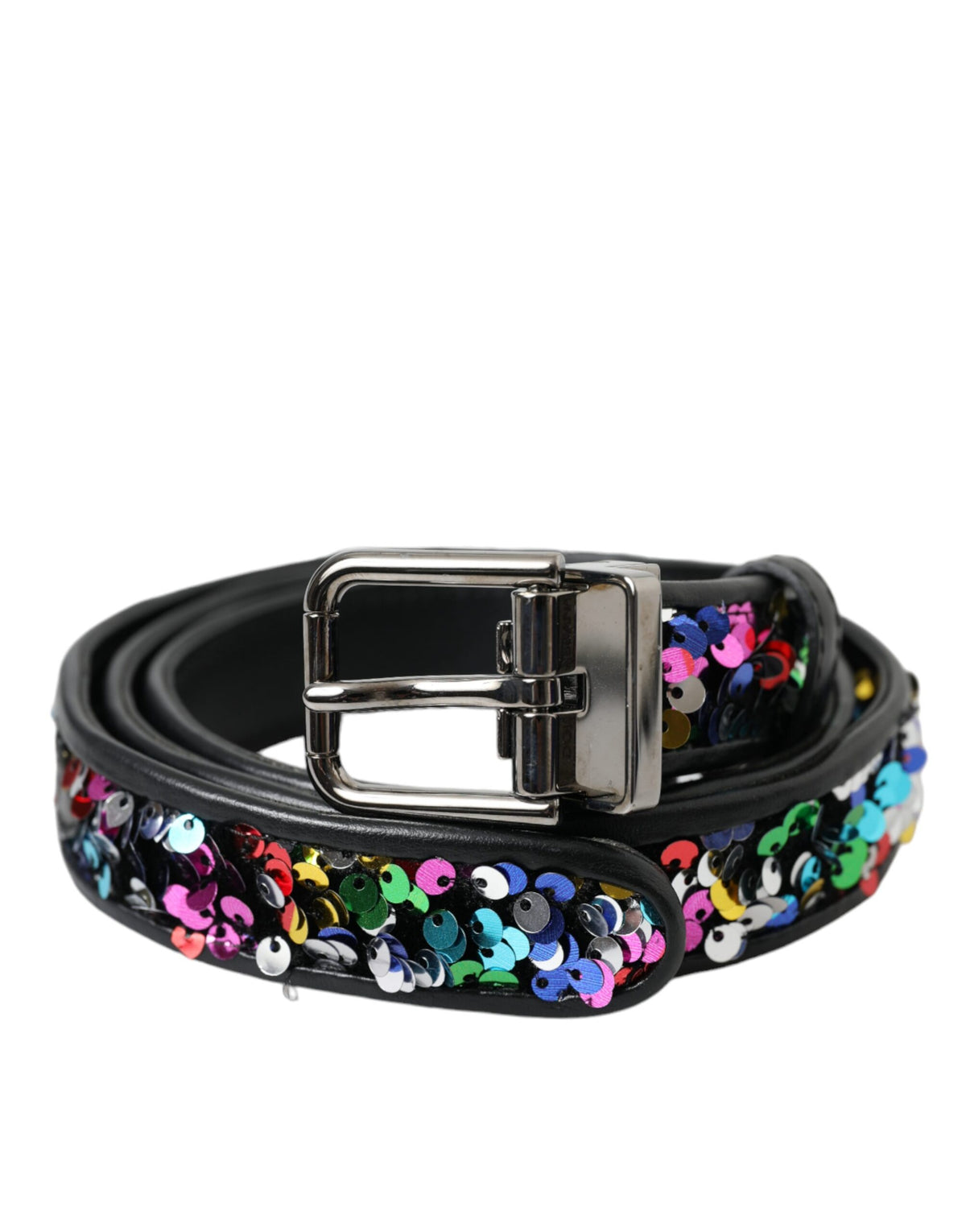 Ceinture Dolce &amp; Gabbana pour femme avec boucle en métal argenté et paillettes noires