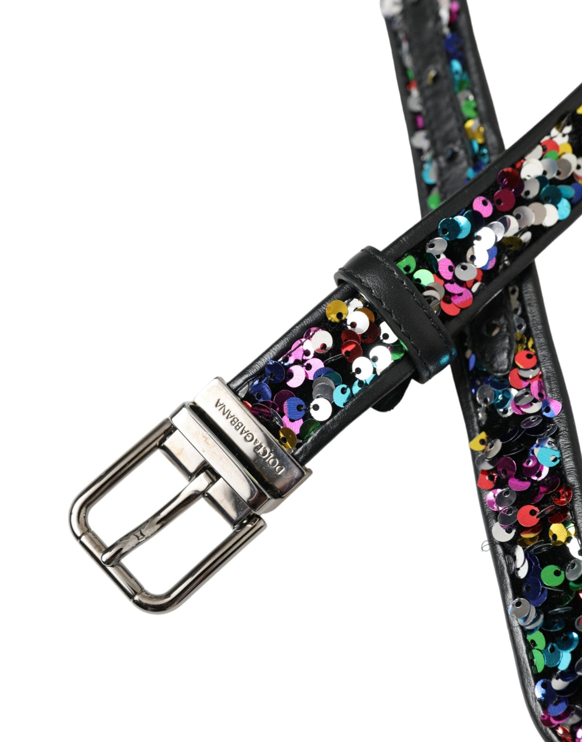 Ceinture Dolce &amp; Gabbana pour femme avec boucle en métal argenté et paillettes noires