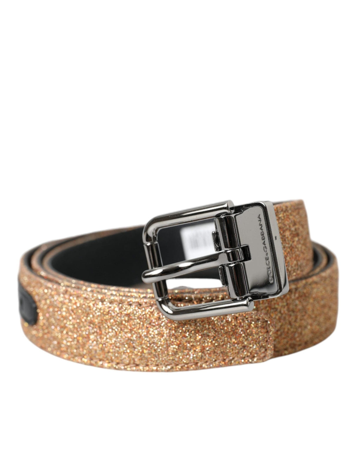 Ceinture Dolce &amp; Gabbana en cuir pailleté doré avec boucle en métal argenté