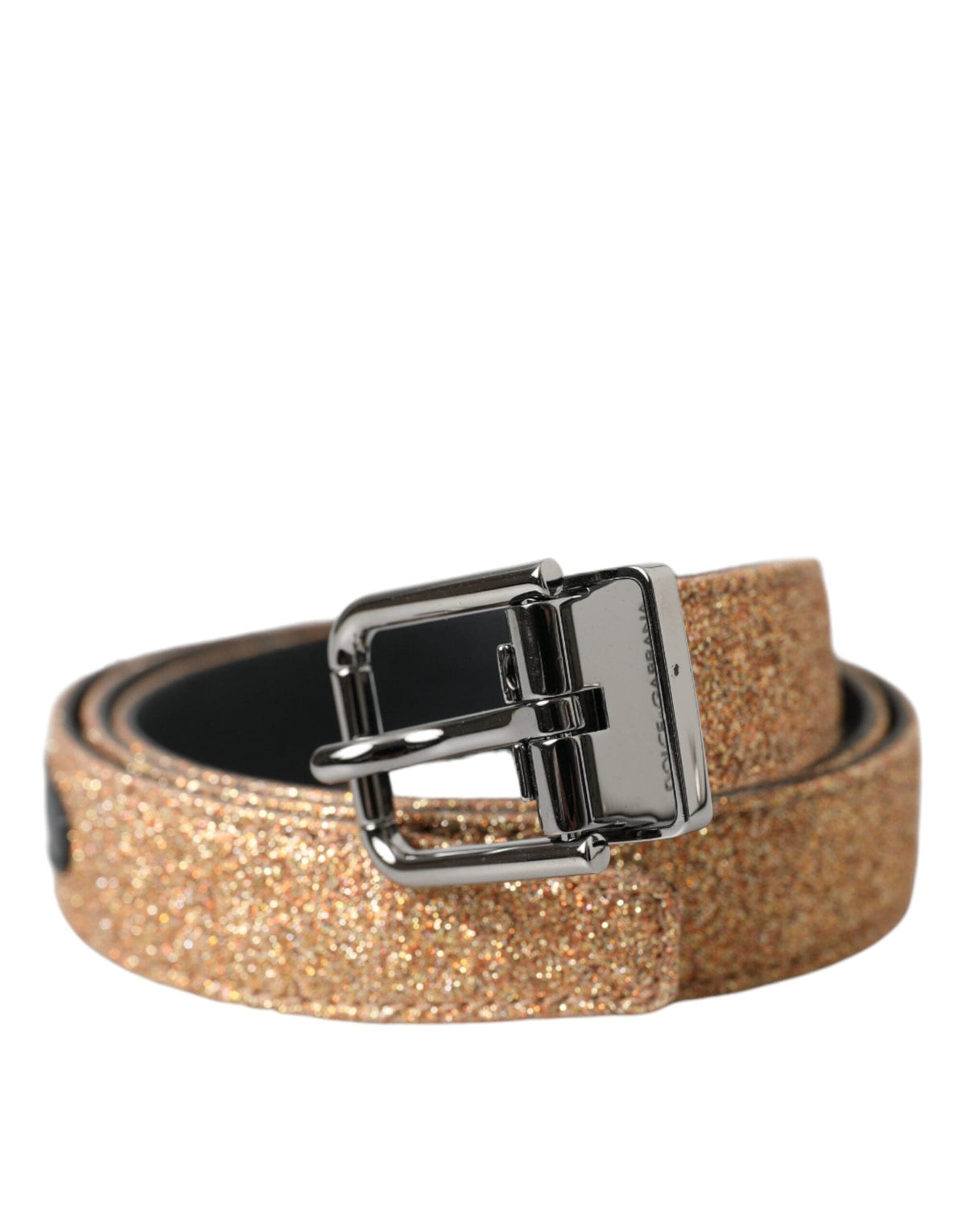 Ceinture Dolce &amp; Gabbana en cuir pailleté doré avec boucle en métal argenté