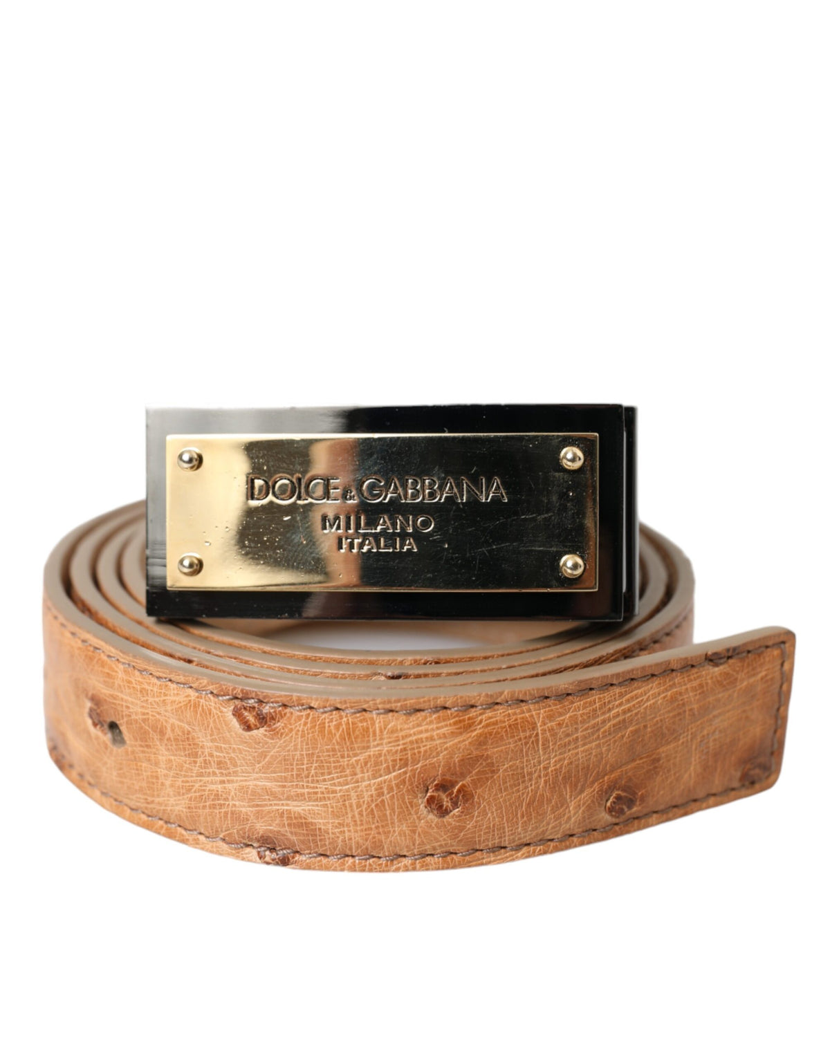 Ceinture Dolce &amp; Gabbana en cuir beige avec boucle gravée du logo doré