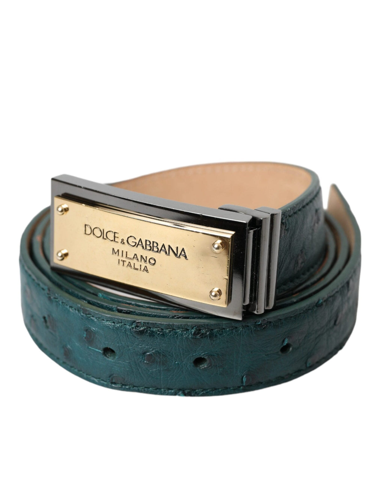 Ceinture Dolce &amp; Gabbana en cuir vert avec boucle gravée du logo doré