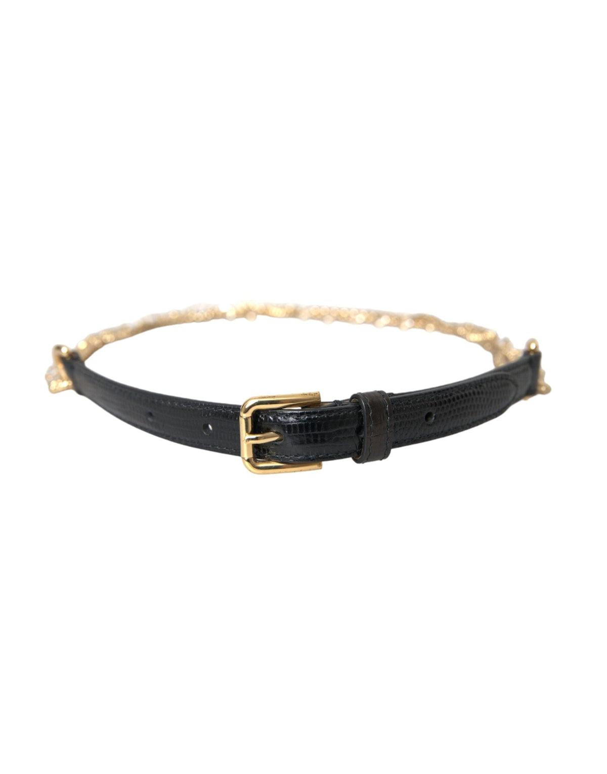 Ceinture Dolce &amp; Gabbana en cuir noir avec chaîne dorée et cristaux pour femme