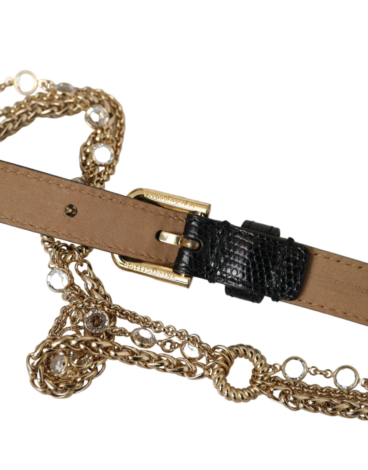 Ceinture Dolce &amp; Gabbana en cuir noir avec chaîne dorée et cristaux pour femme