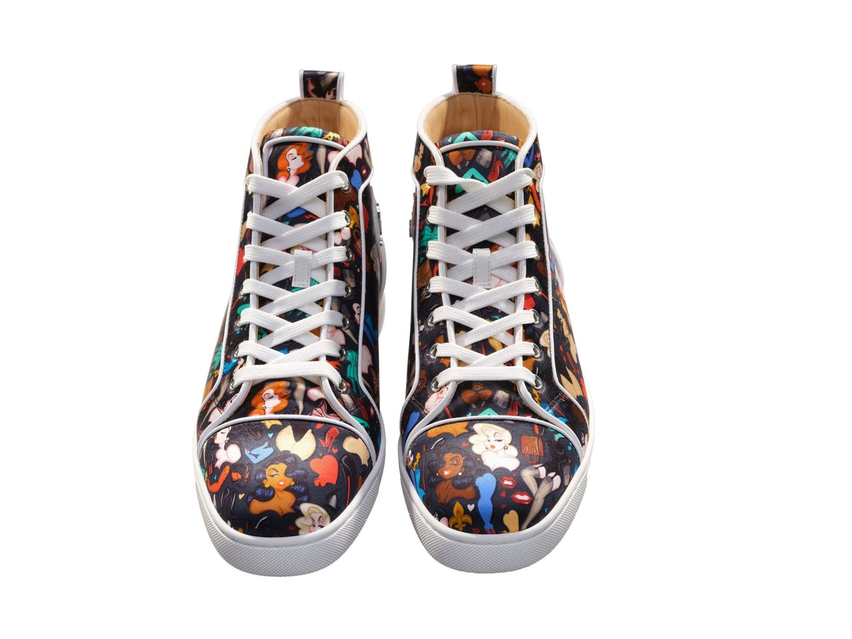 Christian Louboutin Louis Orlato Flat Crepe Satin Multicolor Edición limitada Dr Bored Print High Top Sneakers