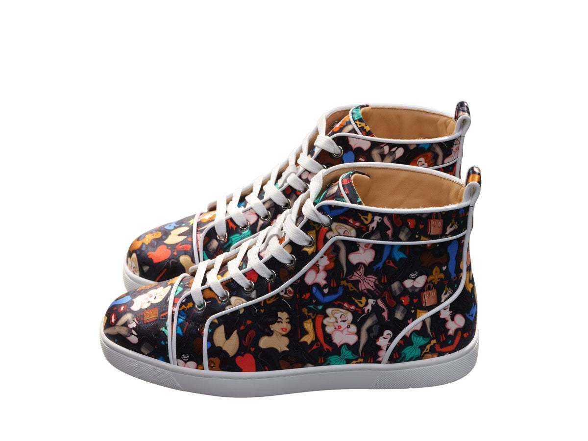 Christian Louboutin Louis Orlato Flat Crepe Satin Multicolor Edición limitada Dr Bored Print High Top Sneakers