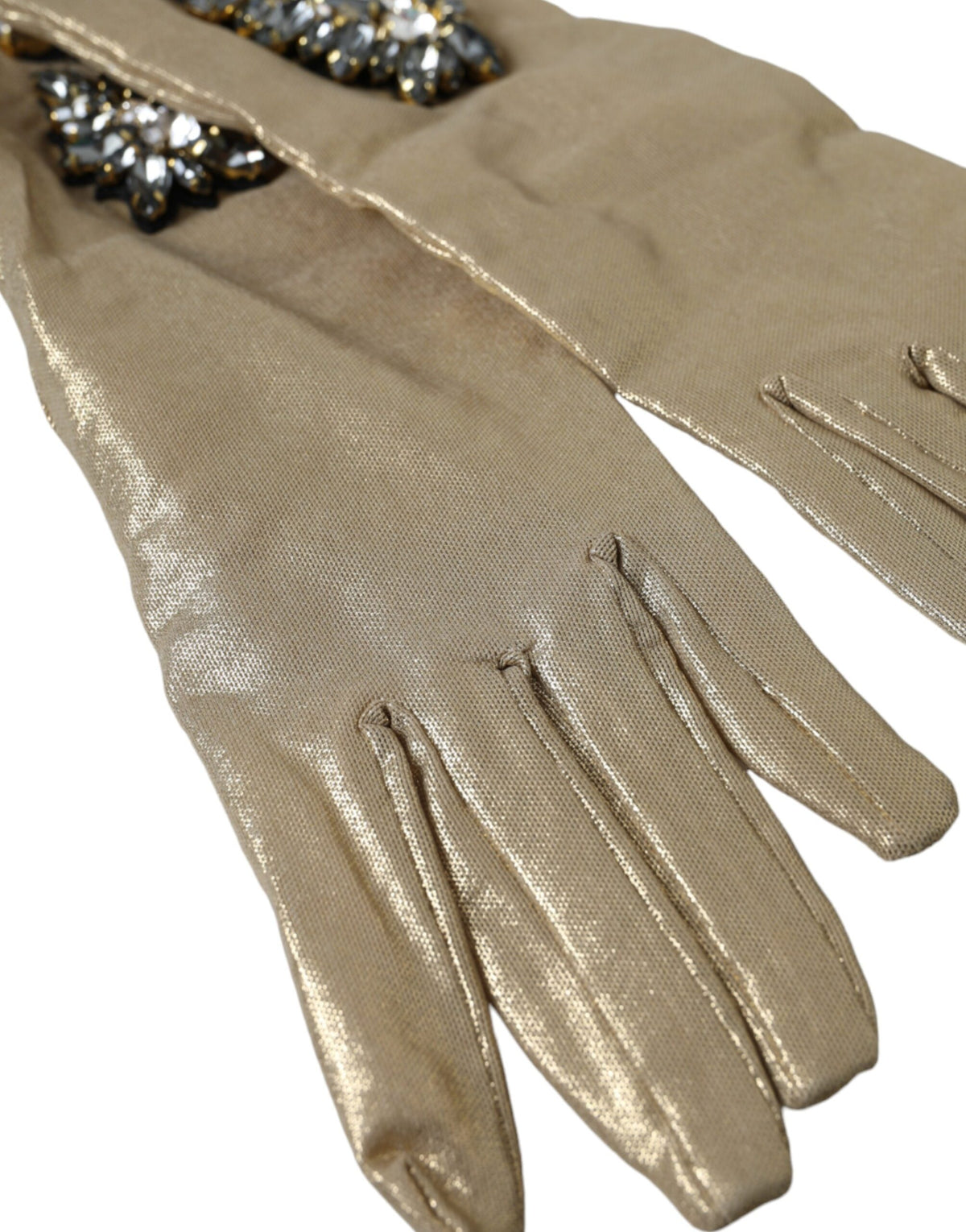 Gants Dolce &amp; Gabbana en satin beige et cristaux longueur coude