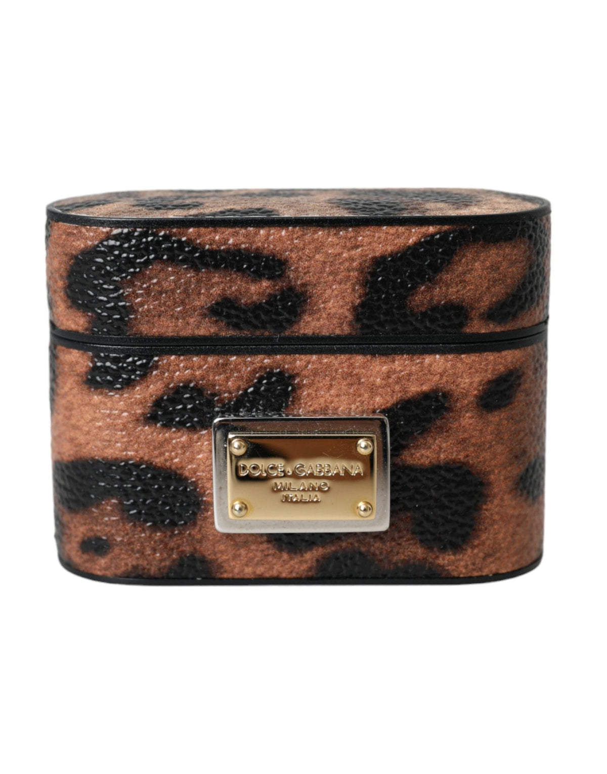 Estuche para Airpods con placa de logotipo de piel de becerro con estampado de leopardo marrón de Dolce &amp; Gabbana