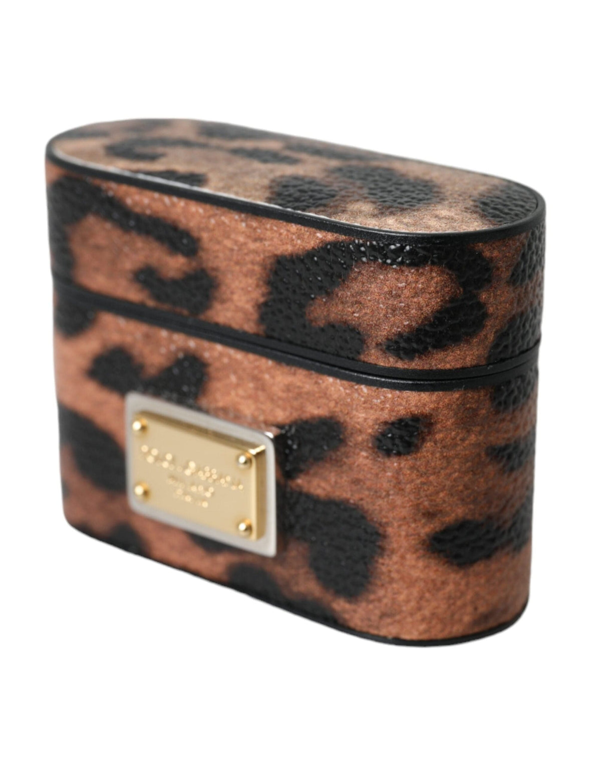 Estuche para Airpods con placa de logotipo de piel de becerro con estampado de leopardo marrón de Dolce &amp; Gabbana