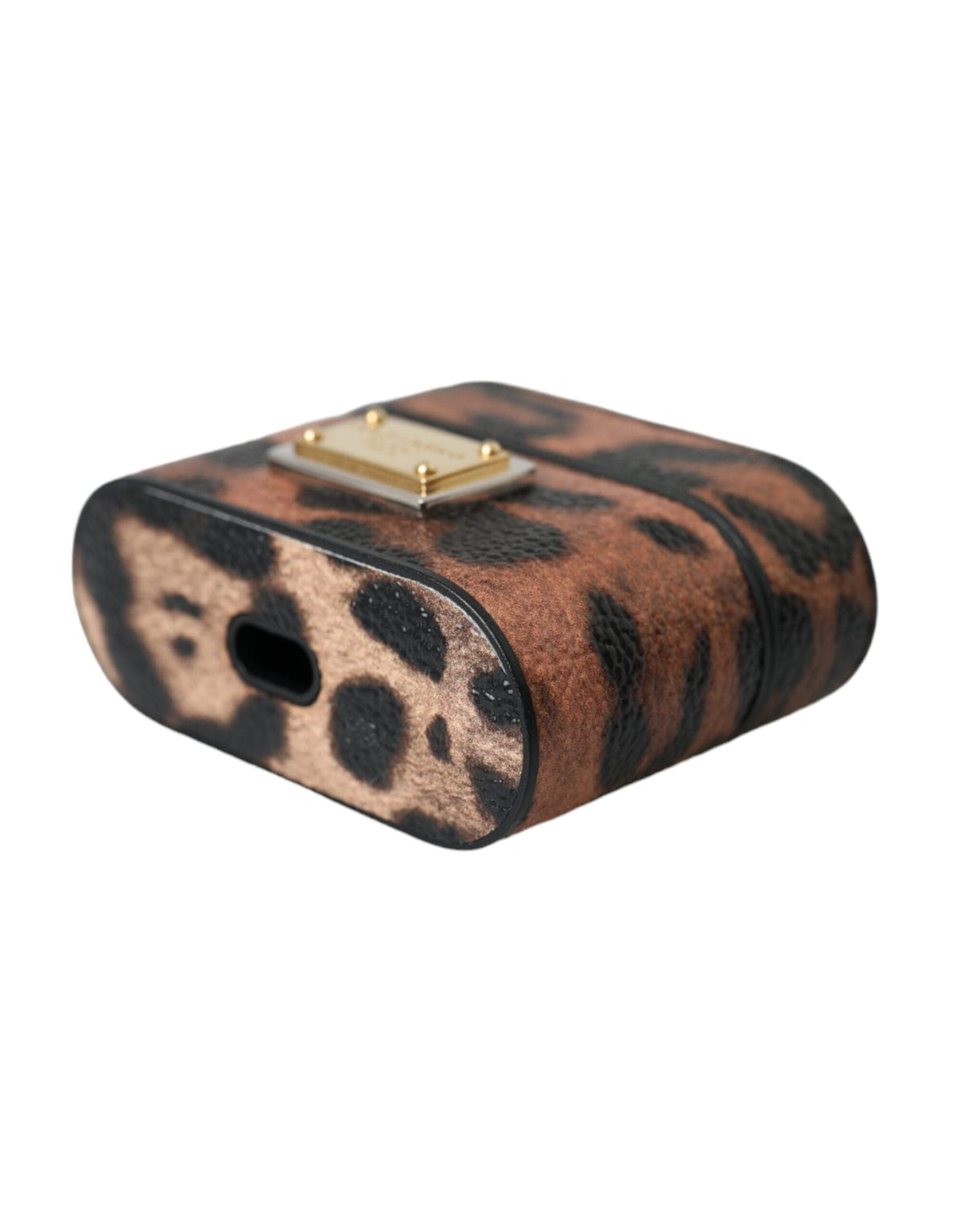 Estuche para Airpods con placa de logotipo de piel de becerro con estampado de leopardo marrón de Dolce &amp; Gabbana