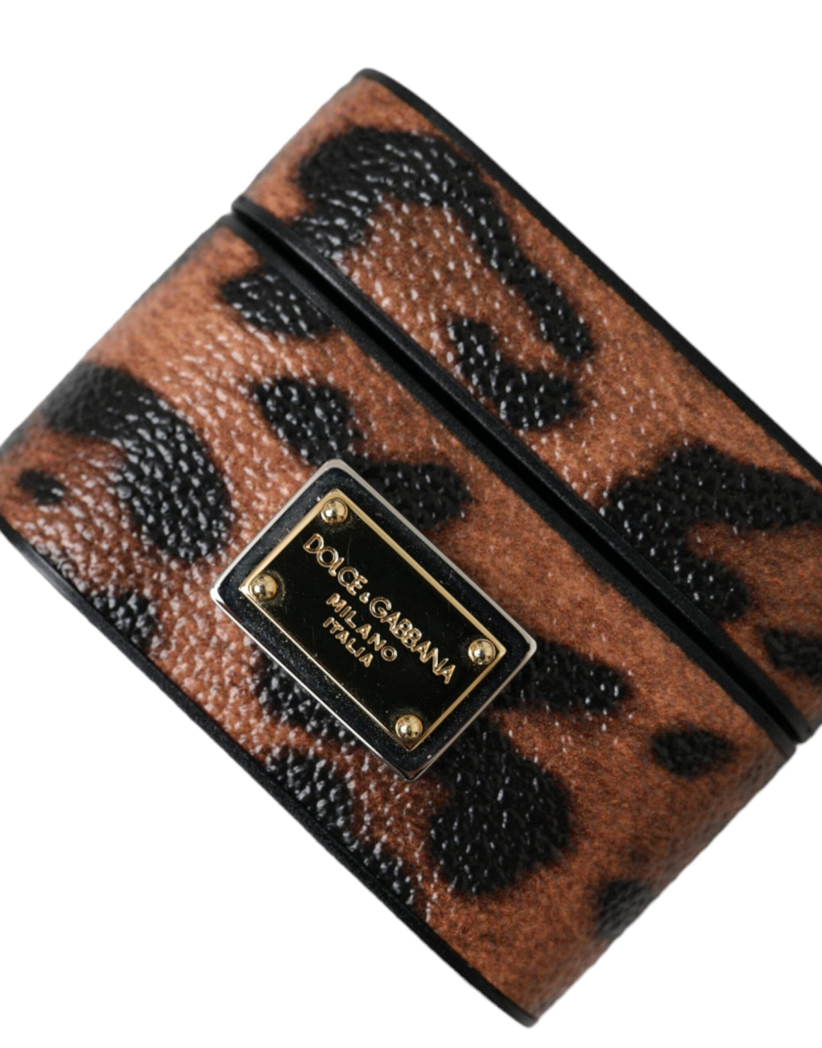 Estuche para Airpods con placa de logotipo de piel de becerro con estampado de leopardo marrón de Dolce &amp; Gabbana