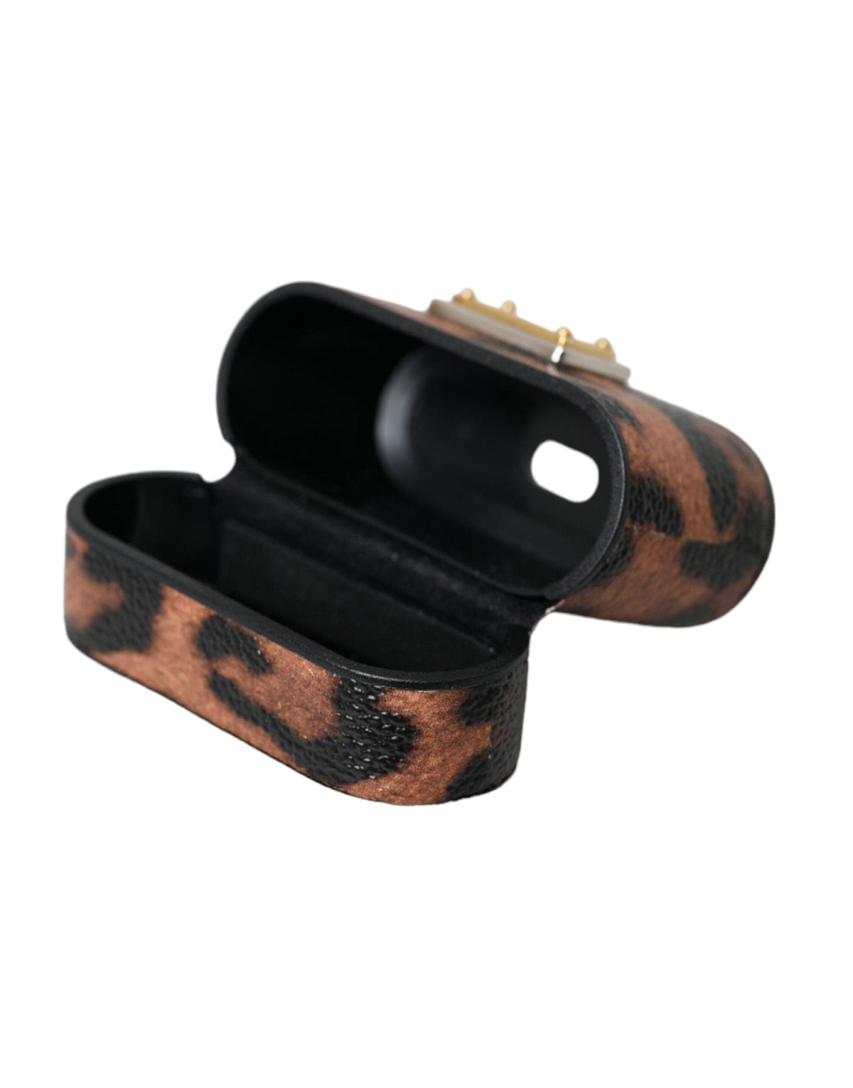 Estuche para Airpods con placa de logotipo de piel de becerro con estampado de leopardo marrón de Dolce &amp; Gabbana