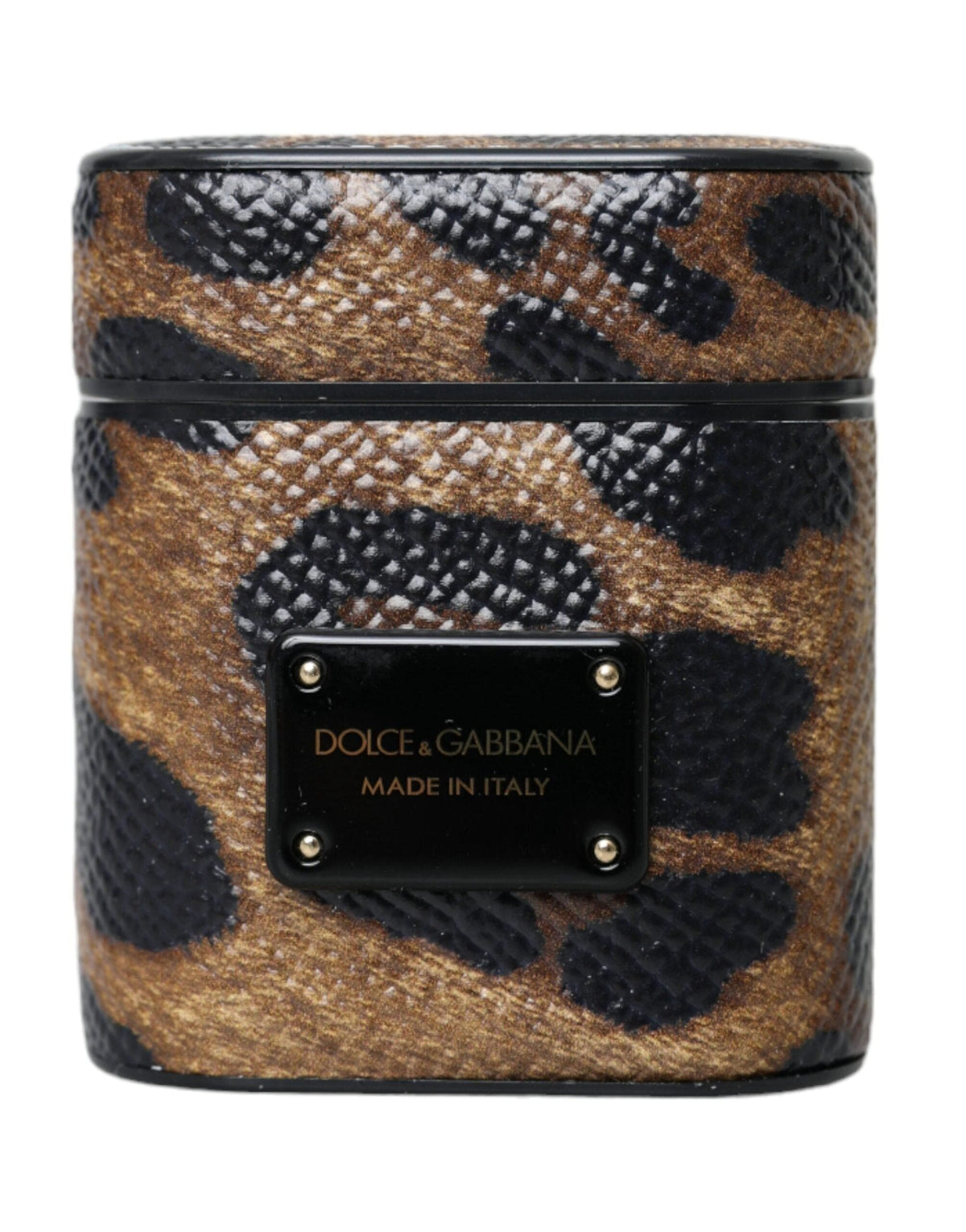 Estuche para Airpods con placa de logotipo de metal y piel de becerro con estampado de leopardo marrón de Dolce &amp; Gabbana