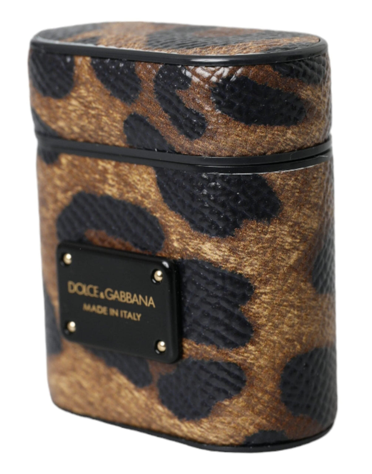 Estuche para Airpods con placa de logotipo de metal y piel de becerro con estampado de leopardo marrón de Dolce &amp; Gabbana