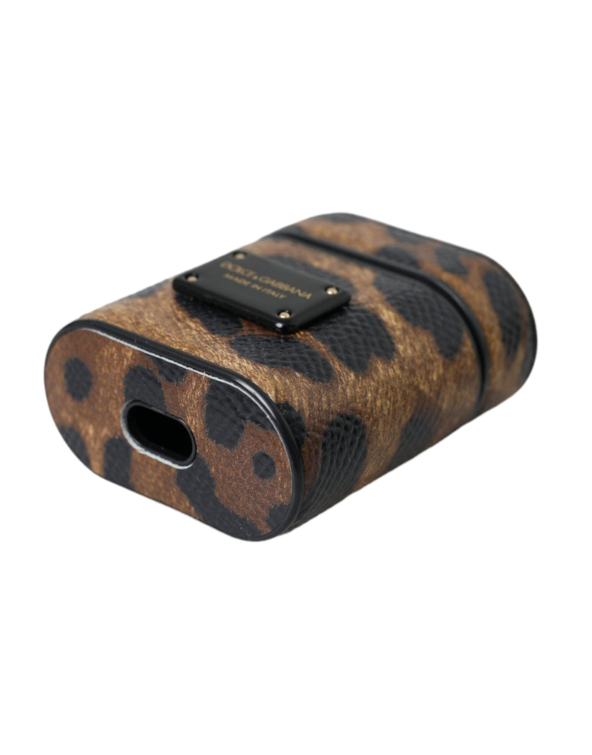 Estuche para Airpods con placa de logotipo de metal y piel de becerro con estampado de leopardo marrón de Dolce &amp; Gabbana