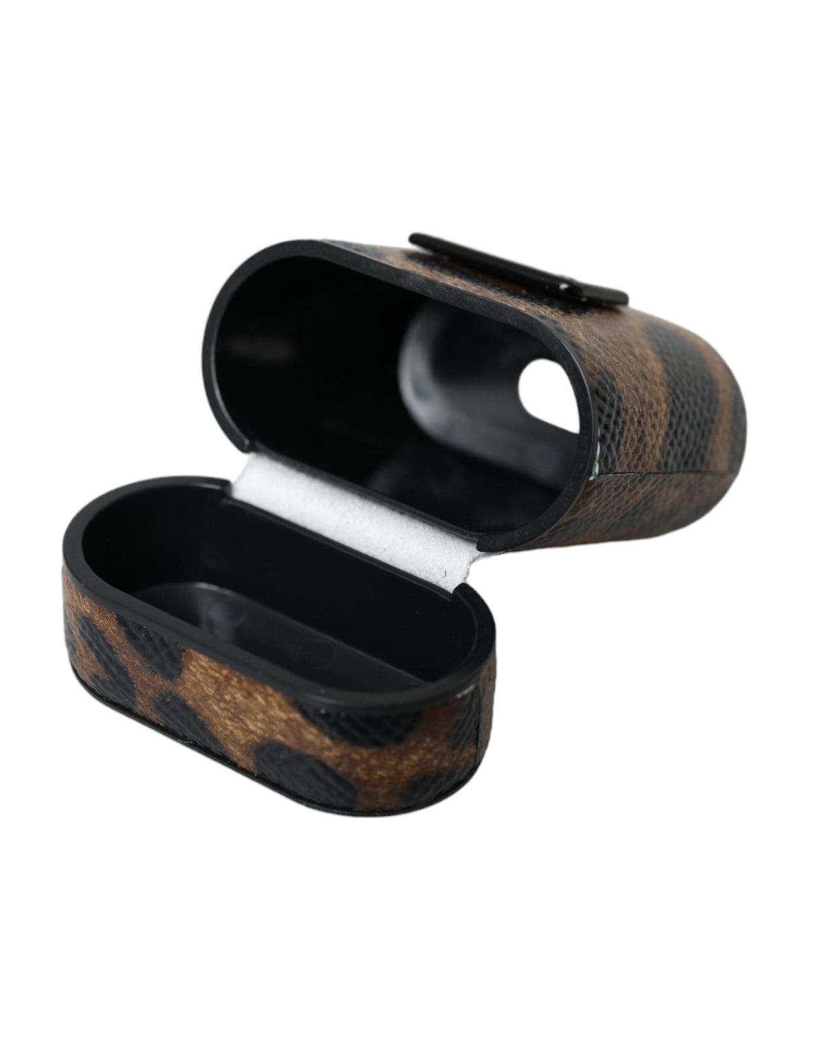 Estuche para Airpods con placa de logotipo de metal y piel de becerro con estampado de leopardo marrón de Dolce &amp; Gabbana