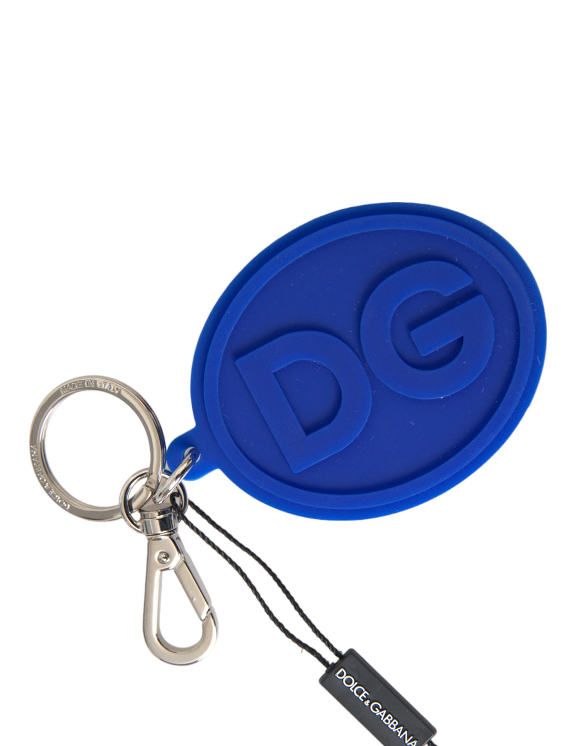 Porte-clés Dolce &amp; Gabbana en métal argenté avec logo DG en caoutchouc bleu