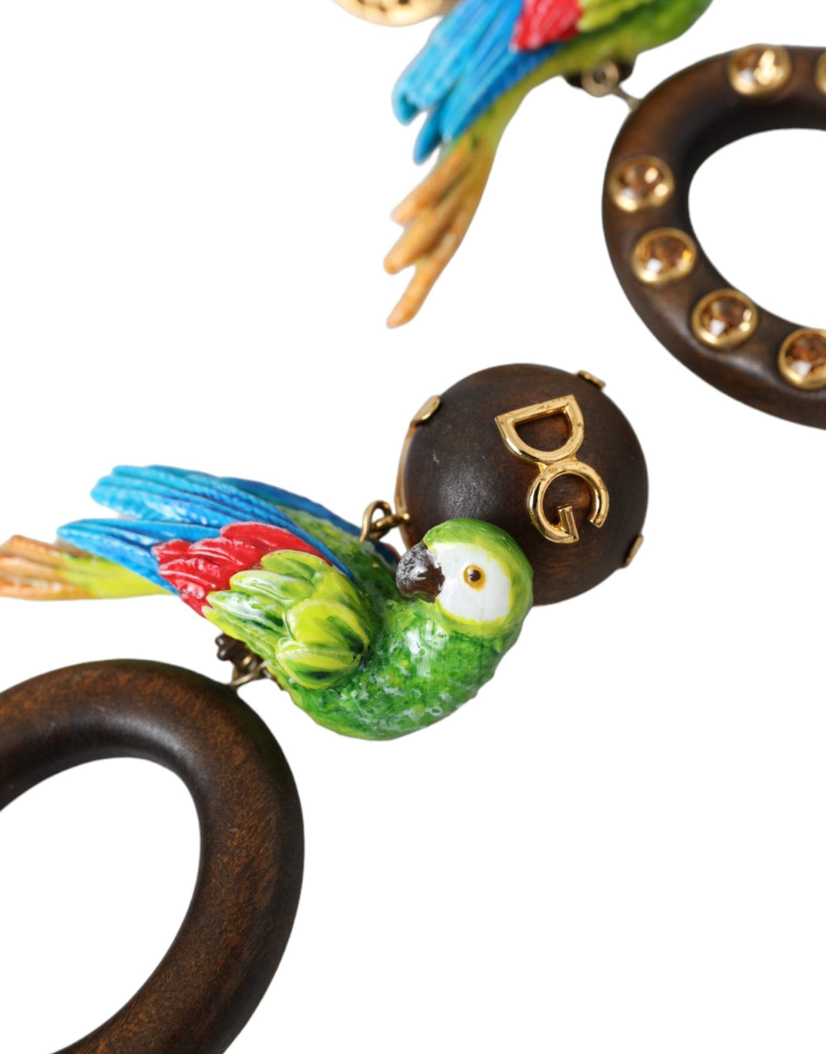 Dolce & Gabbana Multicolor Parrot Wood Brass Crystal Embellished Earring