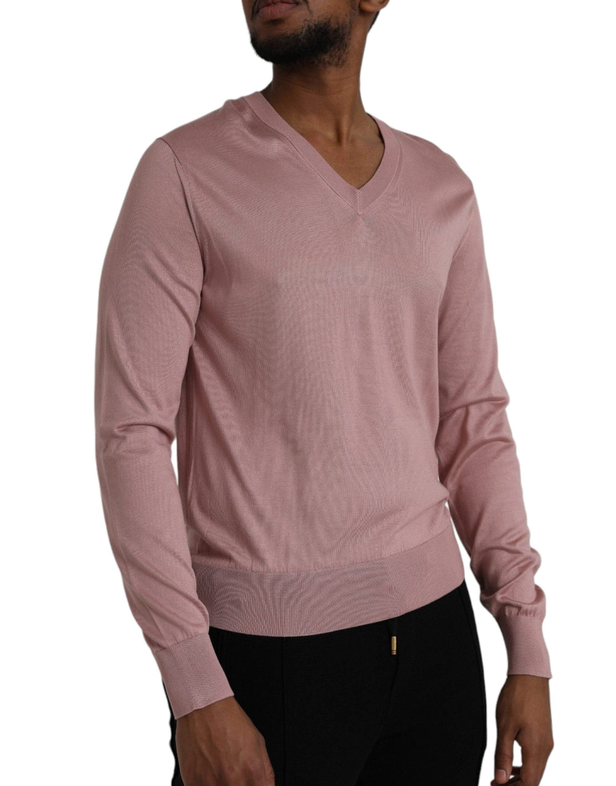 Dolce & Gabbana Pink Silk V-neck Long Sleeve Pullover Sweater