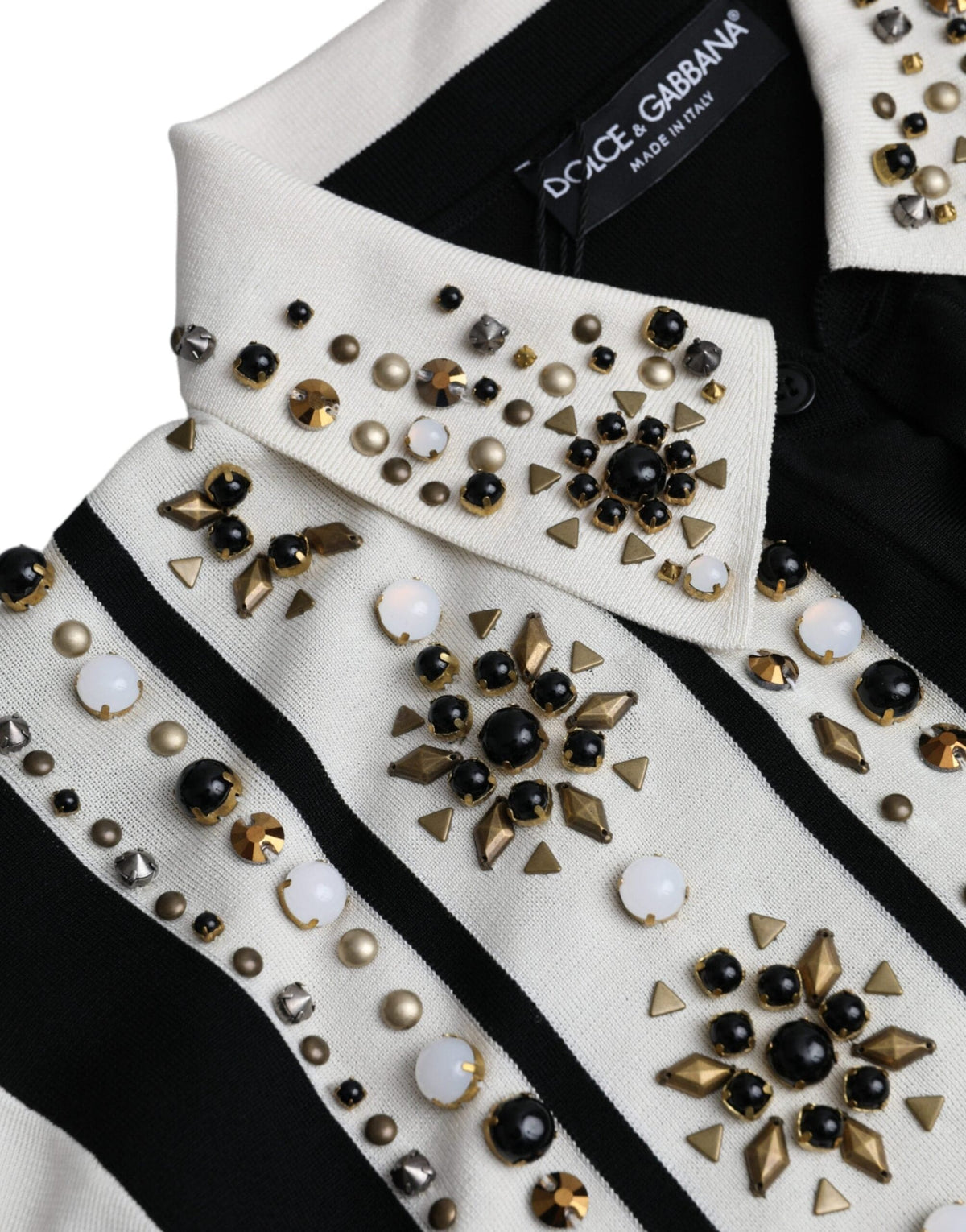 Dolce & Gabbana White Black Silk Studded Stone Crystal Shirt