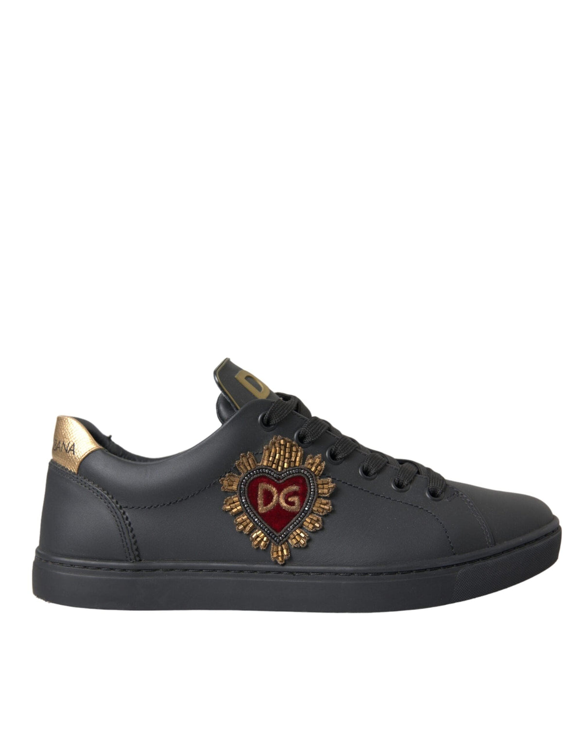 Dolce & Gabbana Black Leather Heart Embellished Sneakers Shoes