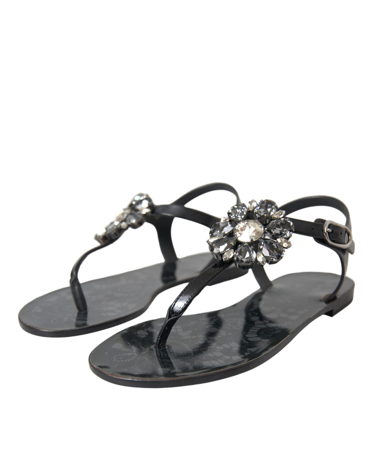 Dolce & Gabbana Black Crystal Flats Sandals Flip Flops Shoes