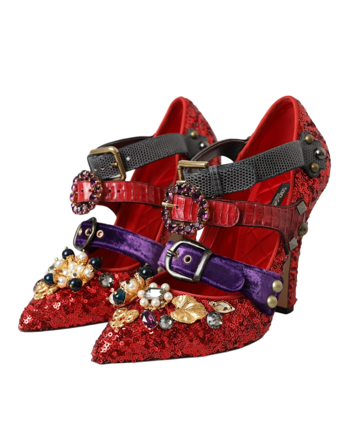 Dolce & Gabbana Red Sequined Crystal Mary Janes Pumps Shoes