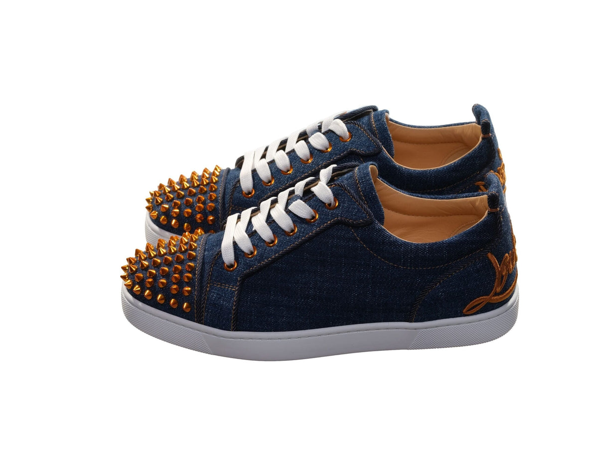 Christian Louboutin Fun Louis Junior Spikes Flat Denim and Gold Spike Sneakers