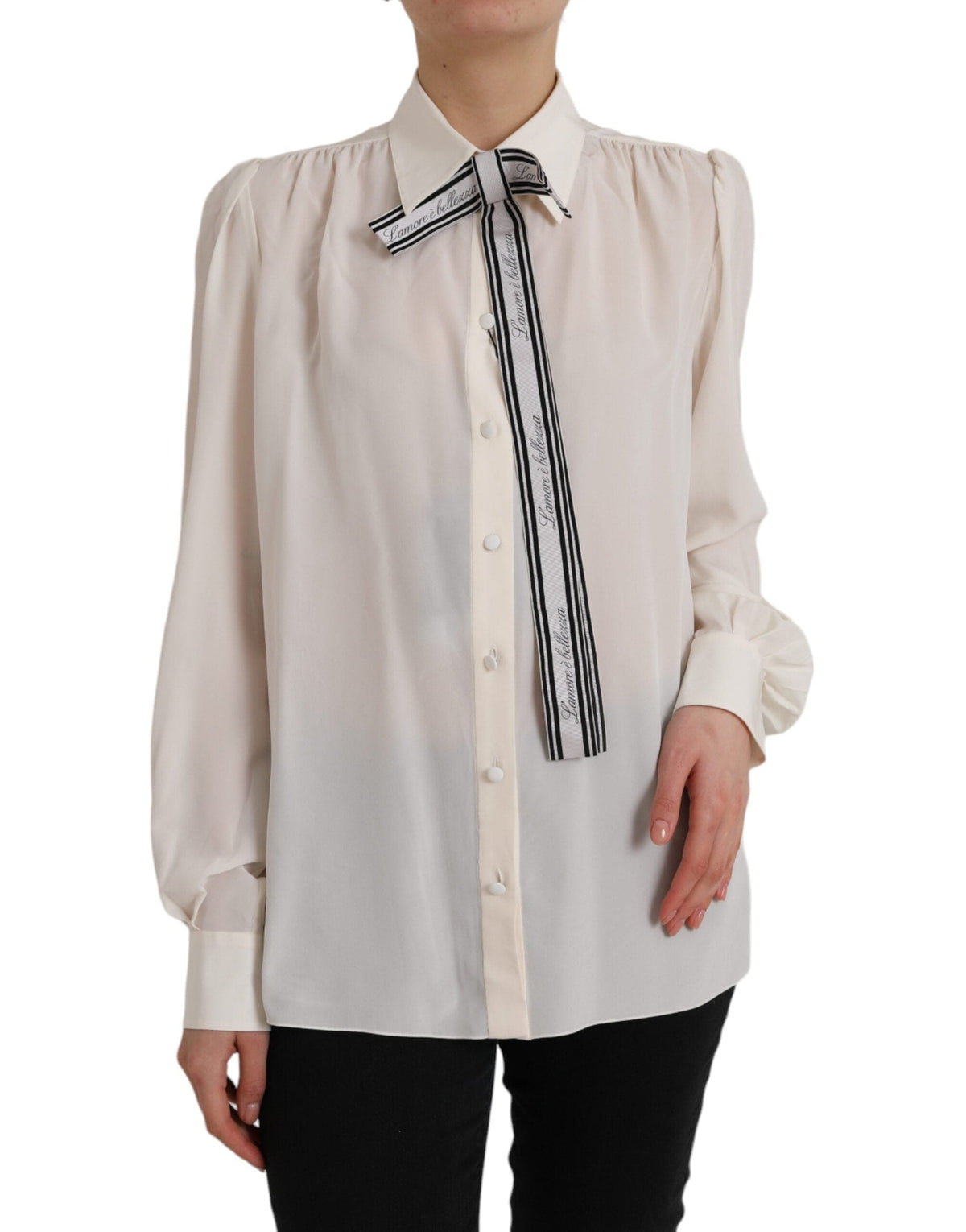 Dolce & Gabbana Off White Long Sleeve Button Down Blouse Top