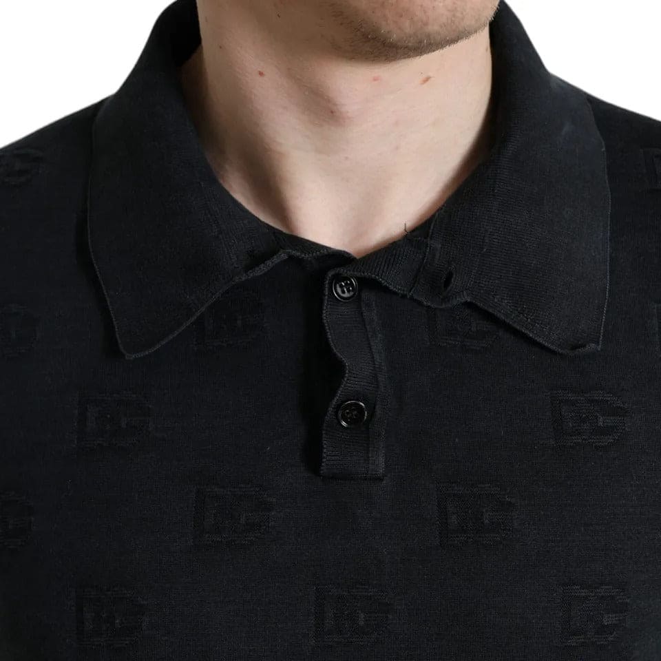 Dolce & Gabbana Black DG Logo Silk Jacquard Polo T-shirt