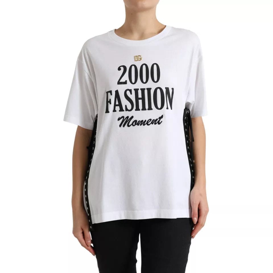 Dolce & Gabbana White Slogan Print Lacing Detailed T-shirt