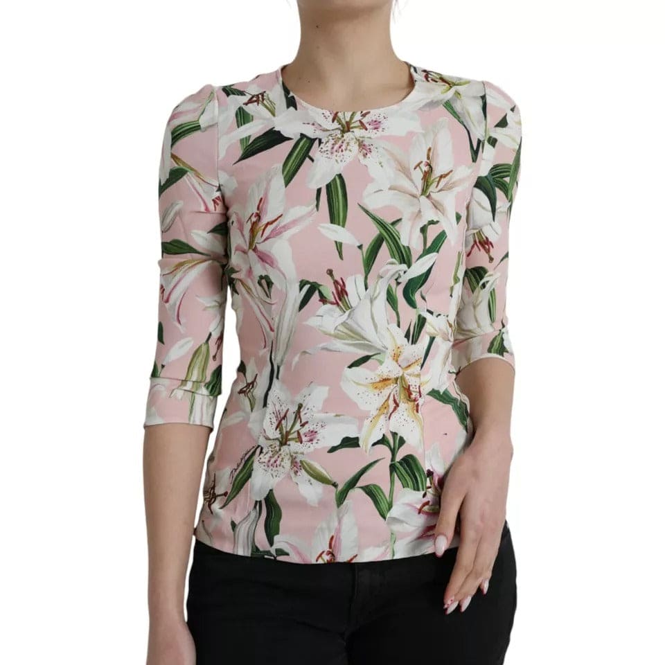 Dolce & Gabbana Pink Floral Viscose Round Neck Blouse Top