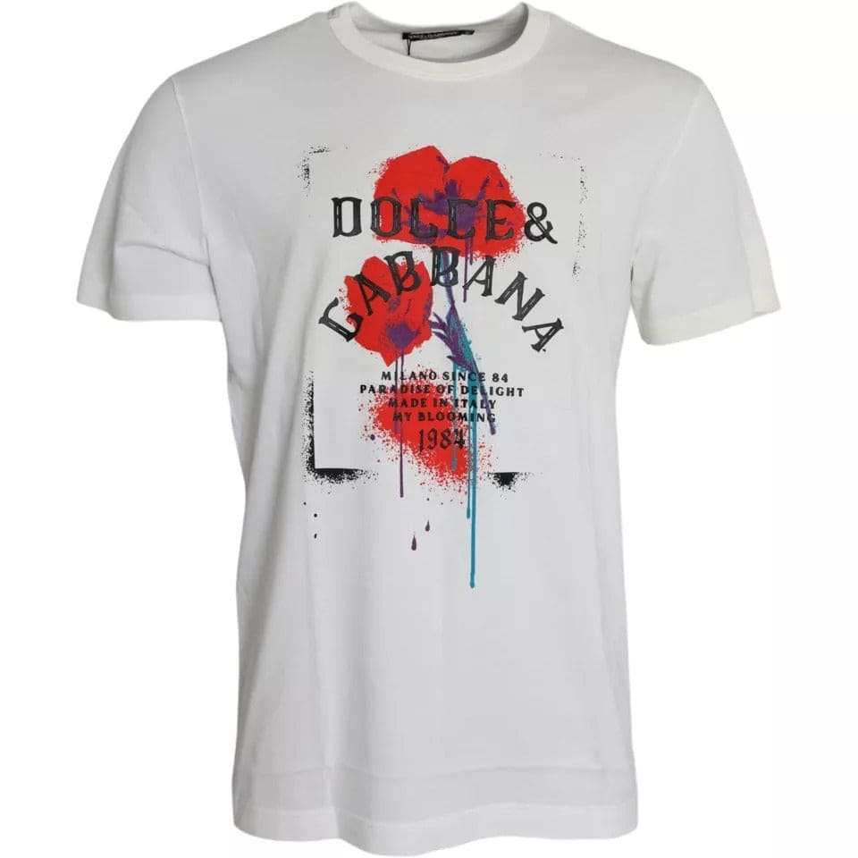 Dolce & Gabbana White Logo Floral Cotton Crew Neck T-shirt