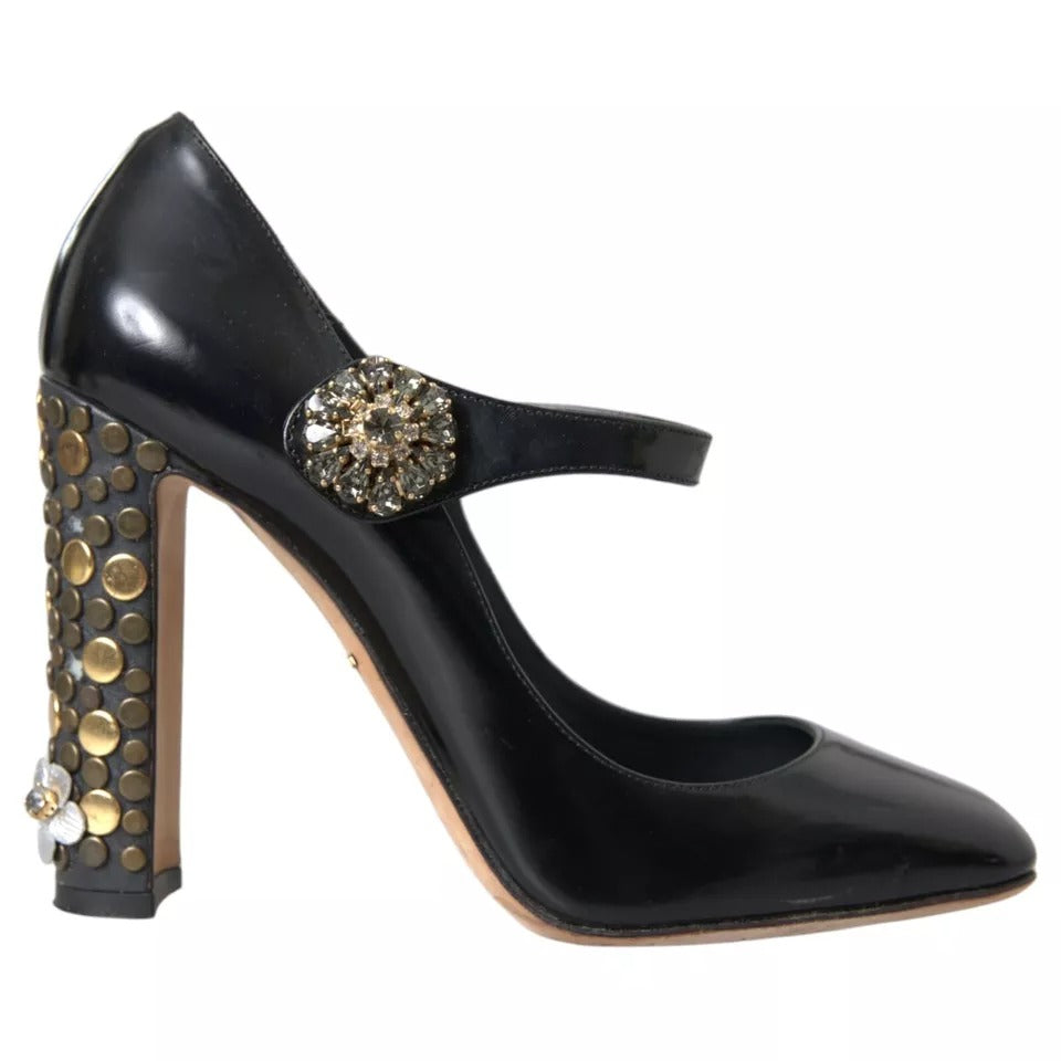 Dolce & Gabbana Black Leather Crystal Mary Janes Pumps Shoes