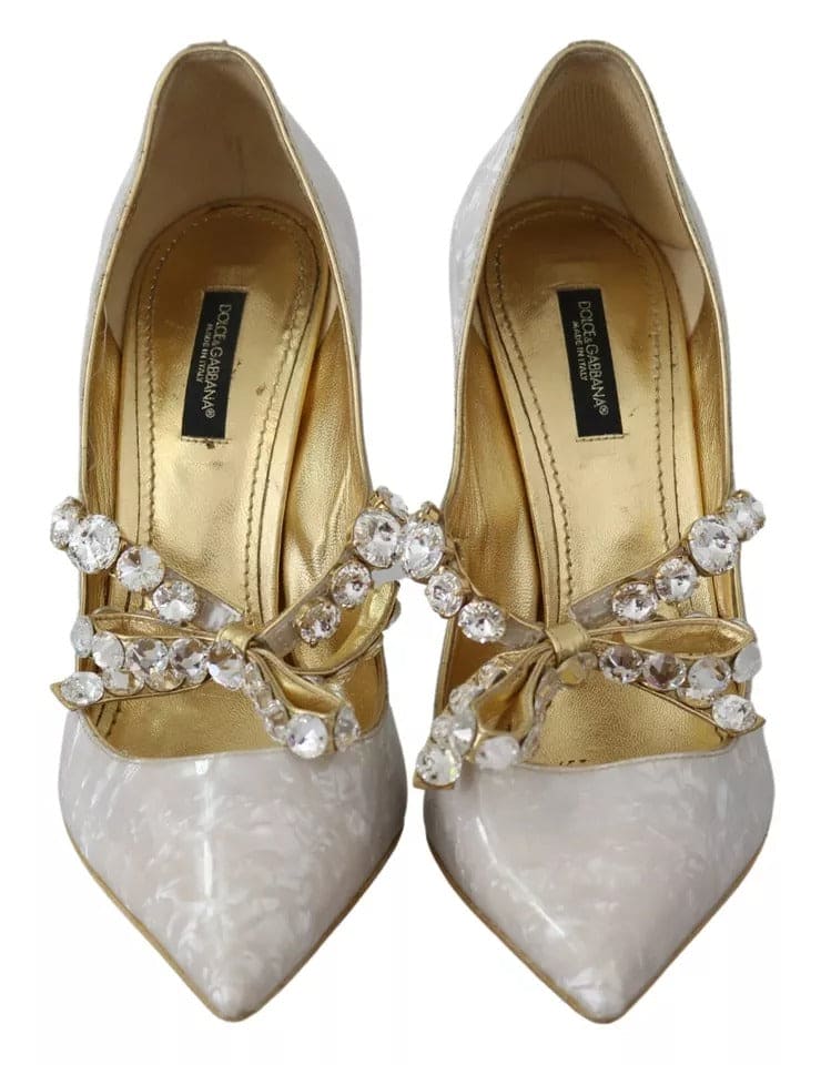 Dolce & Gabbana White Crystal Bow Pearl Mary Jane Pumps Shoes