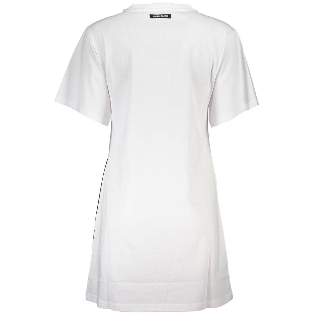 Cavalli Class Elegant White Cotton Dress with Designer Print