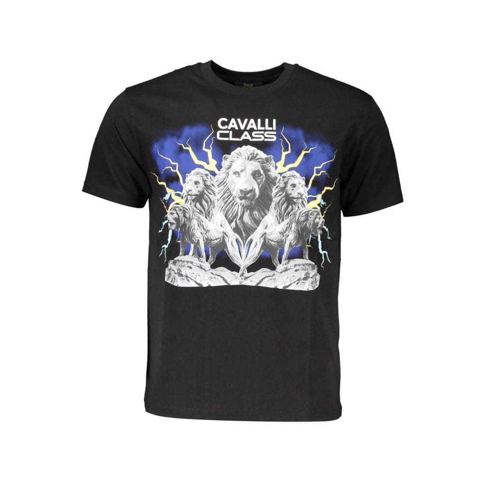 T-shirt noir élégant à col rond avec imprimé classique de Cavalli Class