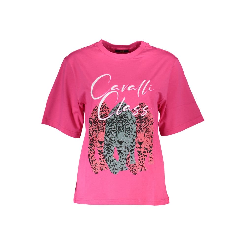 Camiseta elegante de corte entallado en color rosa con estampado elegante de Cavalli Class