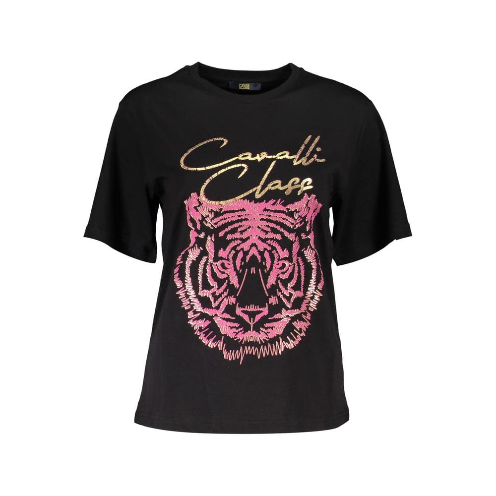 Camiseta elegante de algodón negra con estampado exclusivo de Cavalli Class