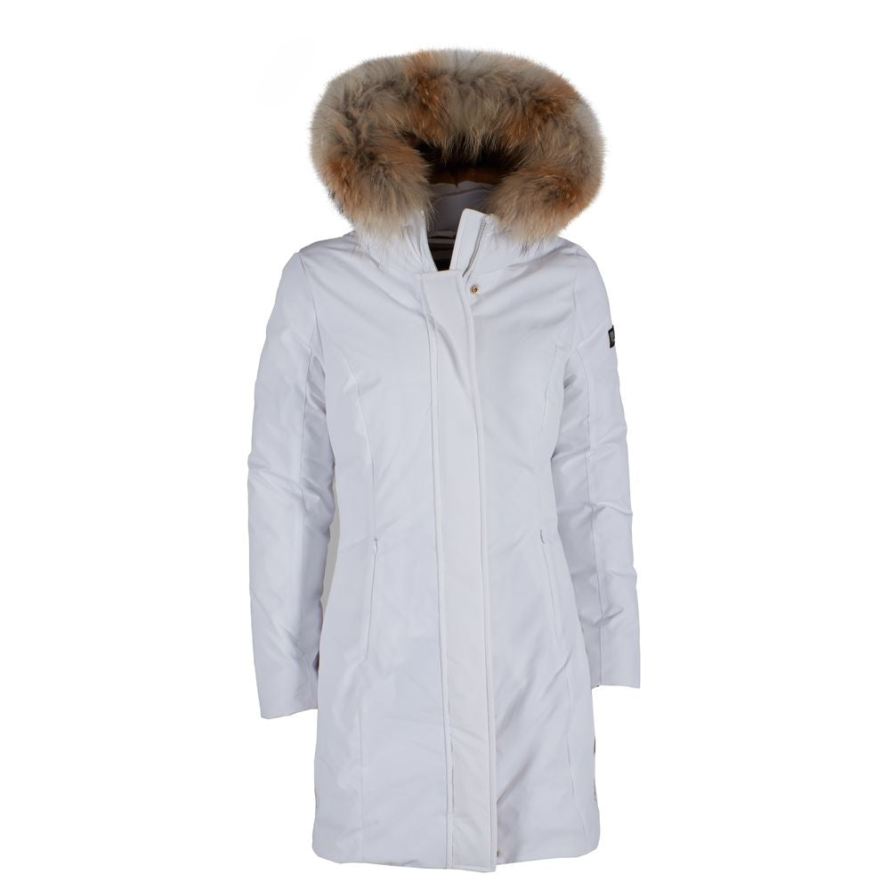 Chaqueta de plumas blanca Yes Zee Chic con capucha con ribete de piel