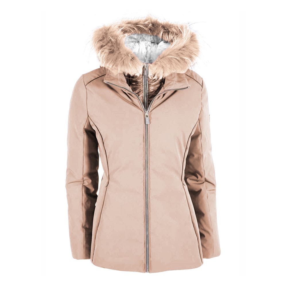 Chaqueta de plumas beige con capucha de piel Yes Zee Chic